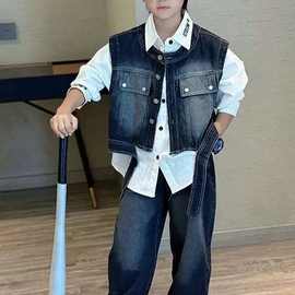 男童秋季韩版宽松潮酷痞帅牛仔马甲绣花字母衬衫百搭牛仔裤三件套