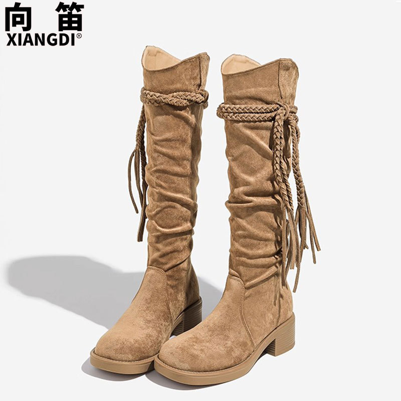 羊皮版不过膝辣妹长筒靴女显瘦粗跟西部骑士靴废土风堆堆靴高筒靴|undefined