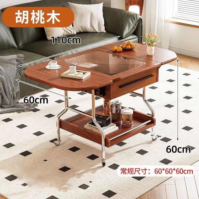 中古风可折叠茶几边几可移动收纳家用小户型客厅移动圆桌阳台推车|undefined