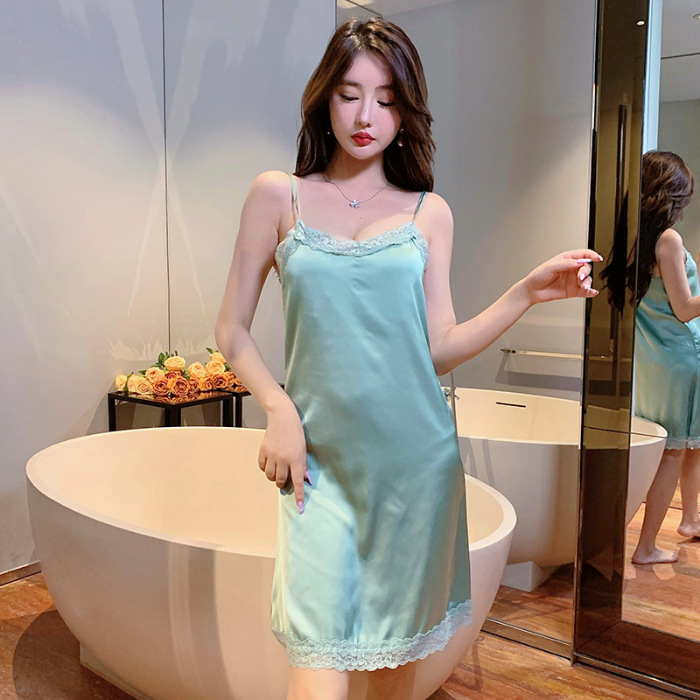 Venta al por mayor verano suspender camisón de las mujeres de alta densidad stretch Satén de seda pijamas de encaje sexy delgada en línea LIVE Home wear