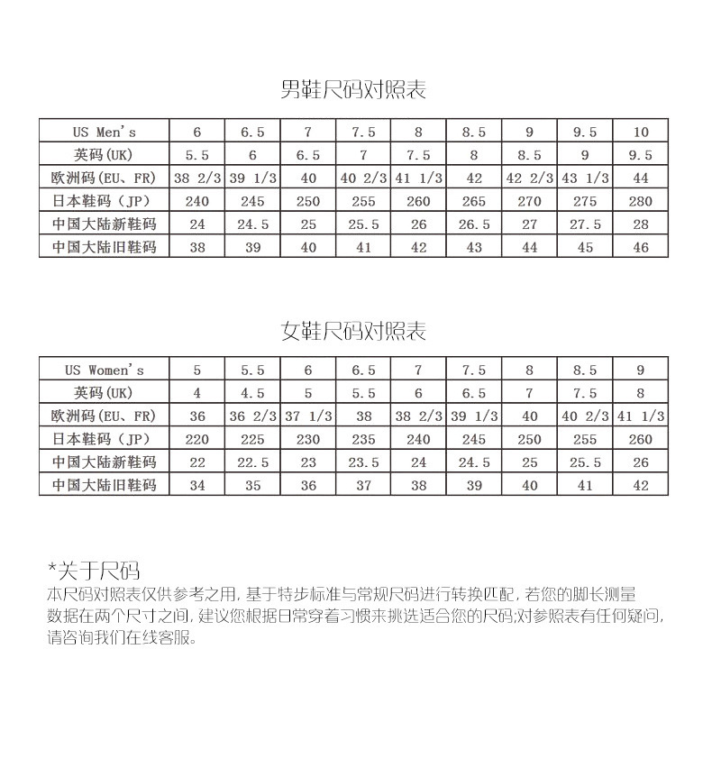 鞋码尺寸表