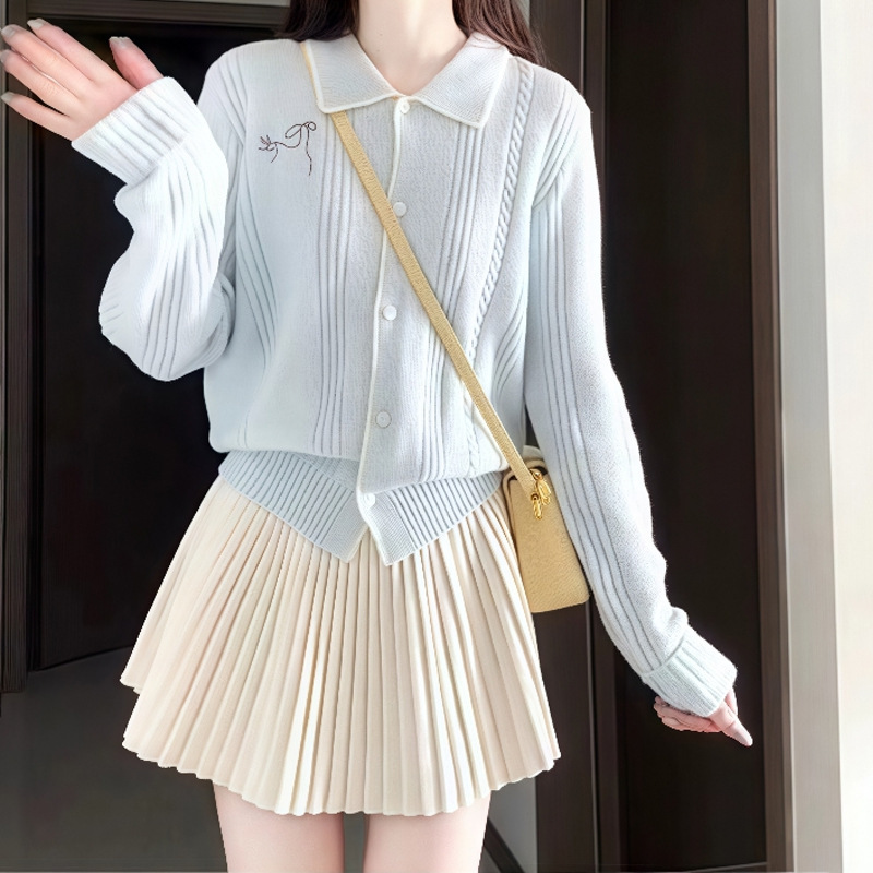 韩系风格穿搭一整套秋冬超好看奶fufu蓝色针织开衫百褶裙两件套女|undefined
