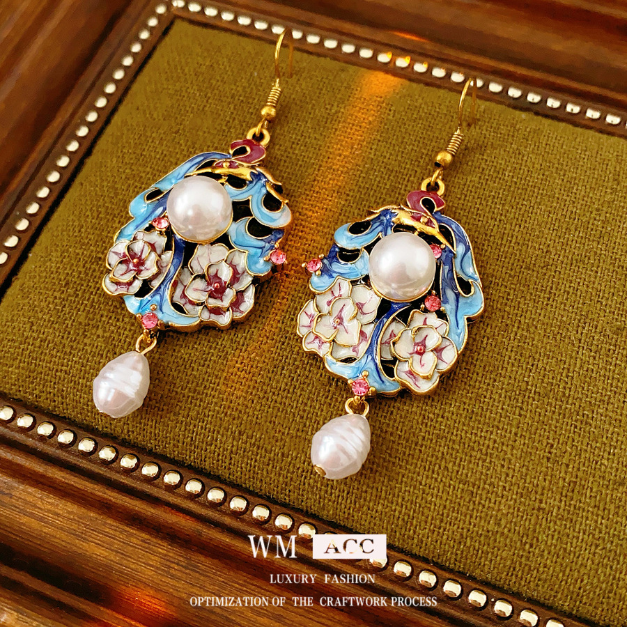 Pendientes de esmalte vintage medieval, estilo étnico retro, diamantes, gotas de aceite, flores, ganchos para orejas de perlas, pendientes de sentido avanzado