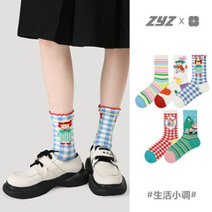文藝復興原創女襪春季條紋格子中筒襪精梳棉ins少女風花邊襪子女