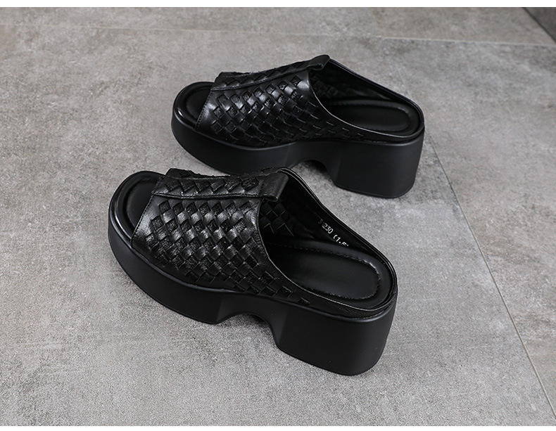 Sandal nữ da bò thật đế xuồng cao gót mũi hở kiểu dệt — màu nâu chi tiết 11