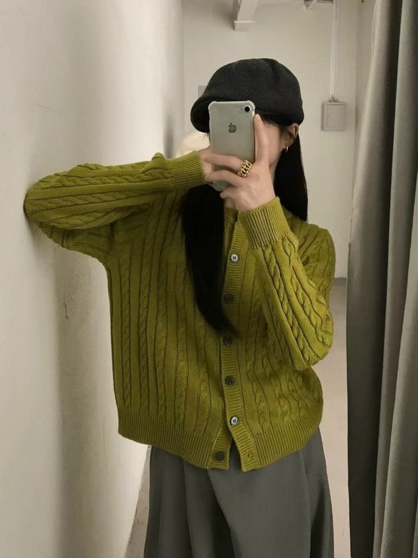 韩国纯色麻花针织开衫女秋季新款外搭宽松圆领短款小个子毛衣外套|undefined