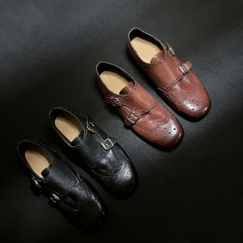 Vintage genuine leather hand-carved small shoes, new English-style double-buckle single shoes, comfortable height-lifting loafers for women