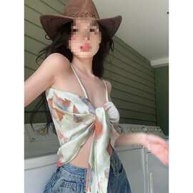 辣妹晕染三角抹胸外穿吊带背心女泰式海边穿搭性感短款纯欲上衣夏