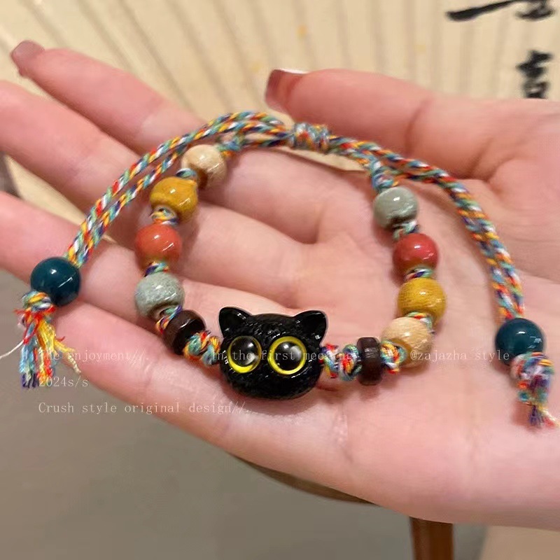 陶瓷猫咪编织绳手链女生款轻奢小众精致手串高颜值学生党手绳手饰