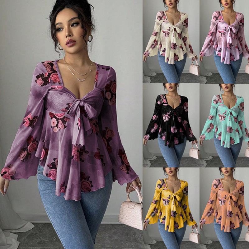 2026 Cross-Border European and American Amazon New Design French-Style Sweet Floral Tie-Dye Square-Neck Long-Sleeve Shirt