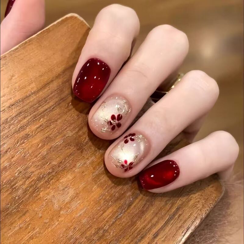 Purely Handmade Wearable Nails, New Hand-Painted Enamel Gilt Red Glass Beads, Cat-Eye Short Style, High-End Manicure