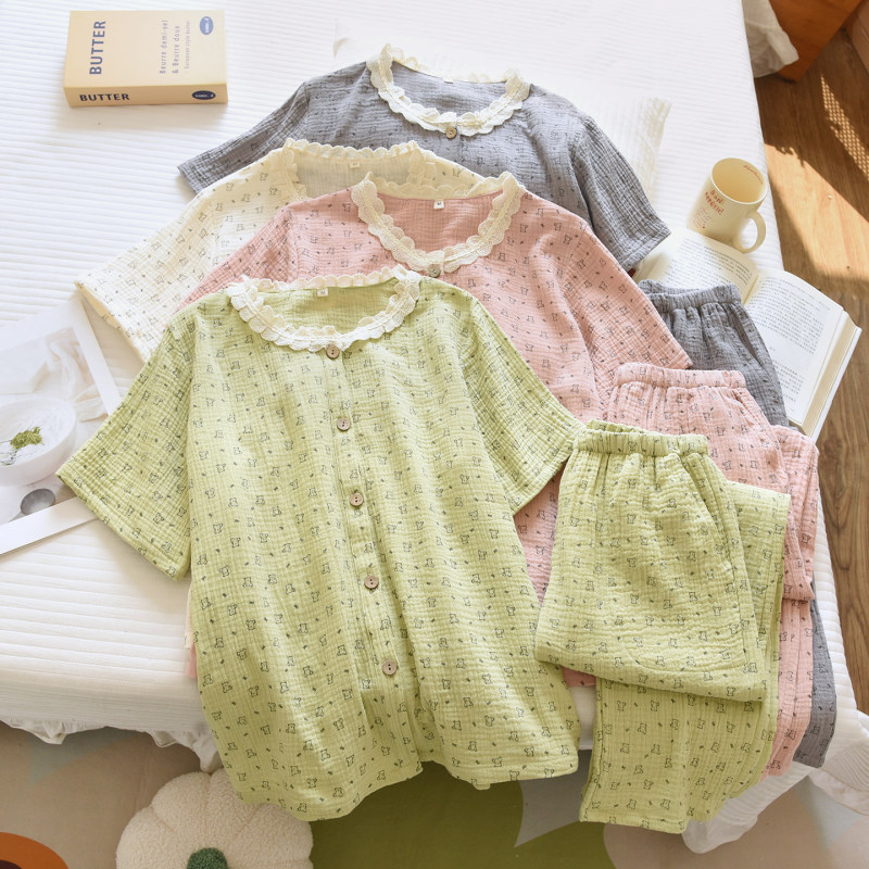 Pure Cotton Gauze Pajamas for Women, Summer Short-Sleeved Trousers, Thin Lace Trim, Loose and Sweet Home Wear Two-Piece Set Pure Cotton Gauze Pajamas for Women, Summer Short-Sleeved Trousers, Thin Lace Trim, Loose and Sweet Home Wear Two-Piece Set