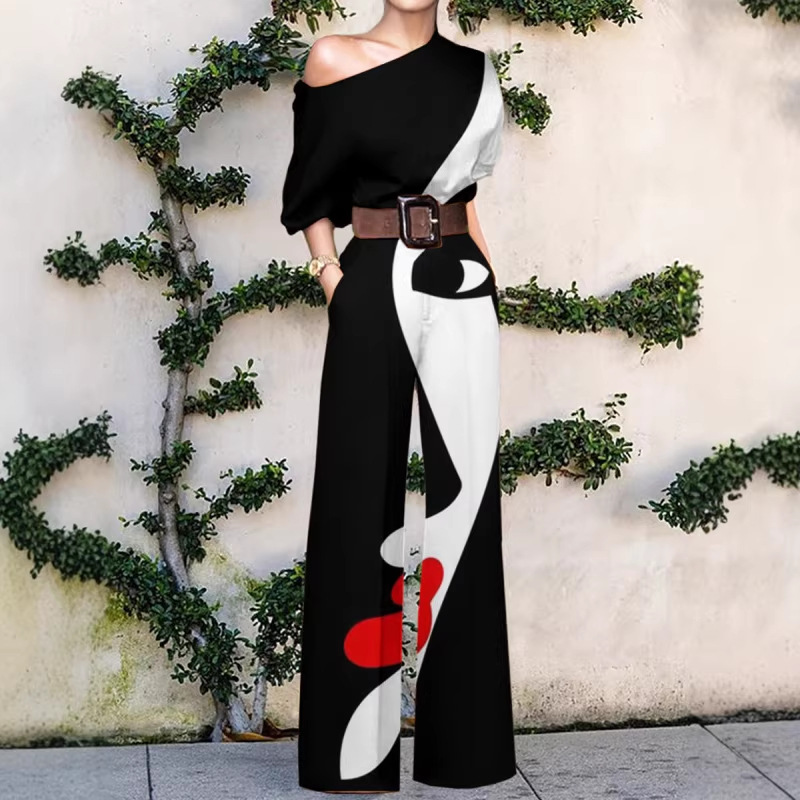 Amazon 2022 Summer European and American Fashion Printed Single Shoulder Holiday Casual High Waist Women's One-Body Clothes Without Belt