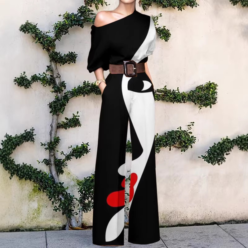 Amazon 2022 Summer European and American Fashion Printed Single Shoulder Holiday Casual High Waist Women's One-Body Clothes Without Belt