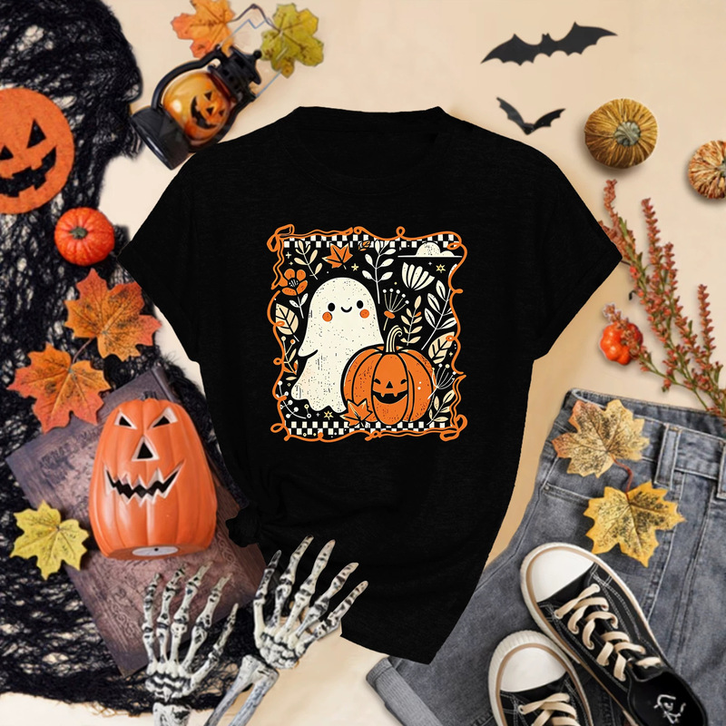 In-stock European and American style women's summer round-neck top with Halloween pumpkin and ghost print T-shirt, Amazon loose-fitting short-sleeve foreign trade product In-stock European and American style women's summer round-neck top with Halloween pumpkin and ghost print T-shirt, Amazon loose-fitting short-sleeve foreign trade product