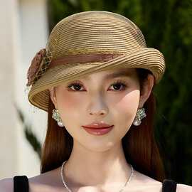 2025春夏花朵卷边草帽礼帽女夏季网纱户外出游遮阳帽太阳帽子批发