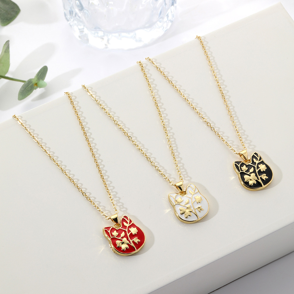 Retro Cat Flower Copper Pendant Necklace Enamel Copper Necklaces