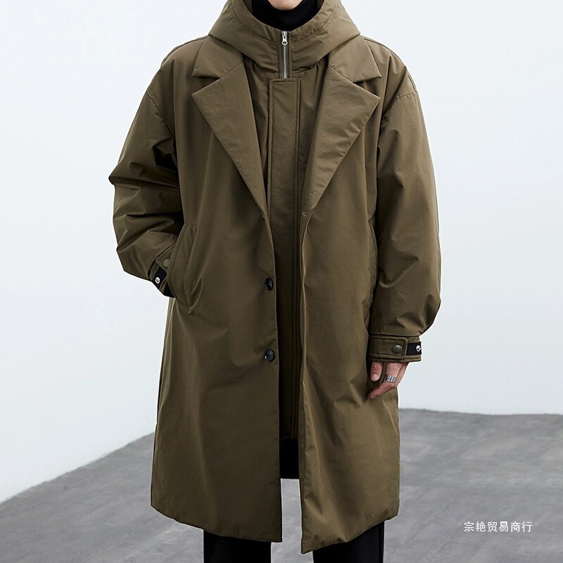 Free Shipping 2023 Winter New Korean Style Outwear Jacket Men's Trendyy Fake Two-Piece Hooded Mid-Length Windbreaker Parka