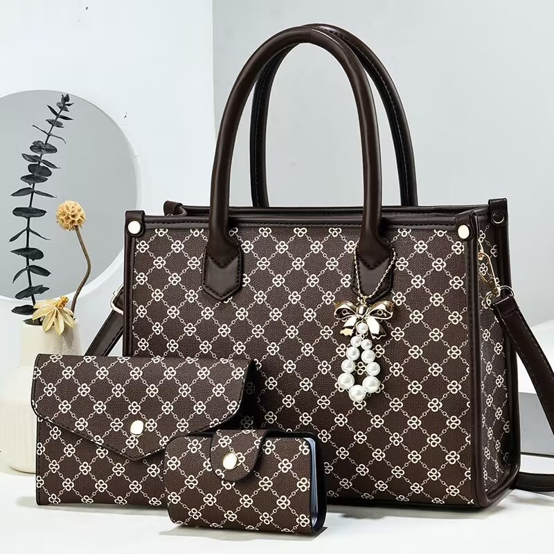 Single Shoulder Strap, Double Handle Strap Type Bag Sets Bags Type Women's PU Flower Argyle Elegant Basic Sewing Thread Square Zipper Bag Sets
