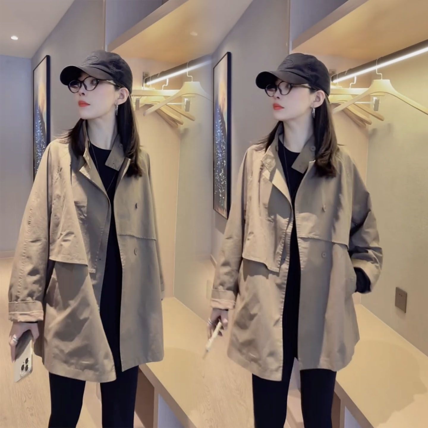 春秋季英伦风卡其色大立领风衣外套女宽松显瘦时尚高档女风衣外套