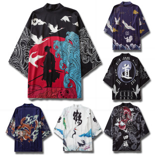 Foreign trade summer new Chinese style robe popular dragon totem print loose men's and women's 3/4 sleeve kimono cloak