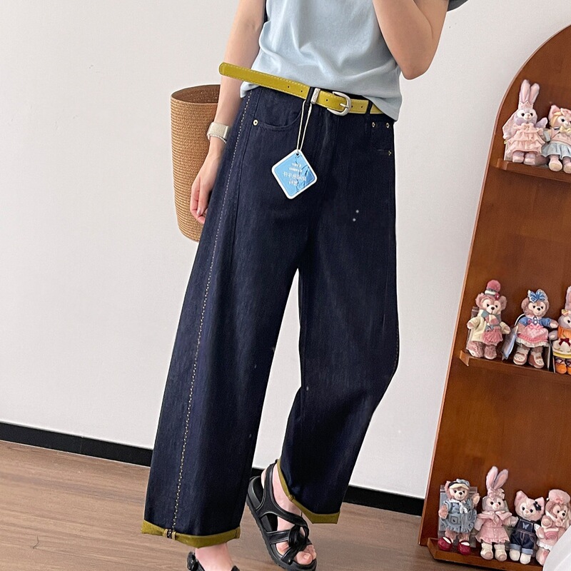 Xiaoxia Anti-Fade Dark Blue Thin Denim Straight-Leg Pants High-Waisted Slimming Contrast Color Cropped Wide-Leg Boyfriend Pants Curved Hem Pants Xiaoxia Anti-Fade Dark Blue Thin Denim Straight-Leg Pants High-Waisted Slimming Contrast Color Cropped Wide-Leg Boyfriend Pants Curved Hem Pants