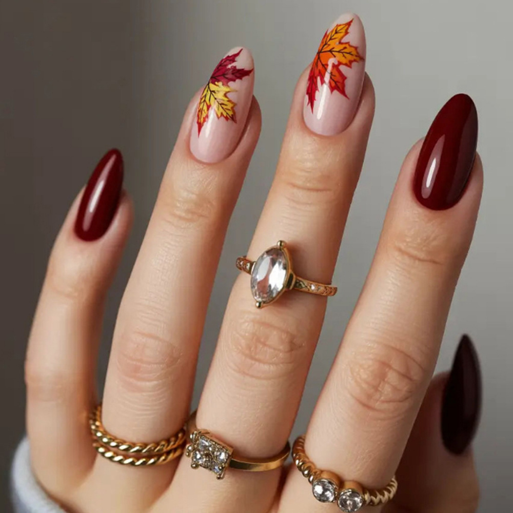 Ventas transfronterizas de vinos rojos de hoja de arce de manicura retro otoño atmósfera de uso de uñas 24 piezas de parche de uñas