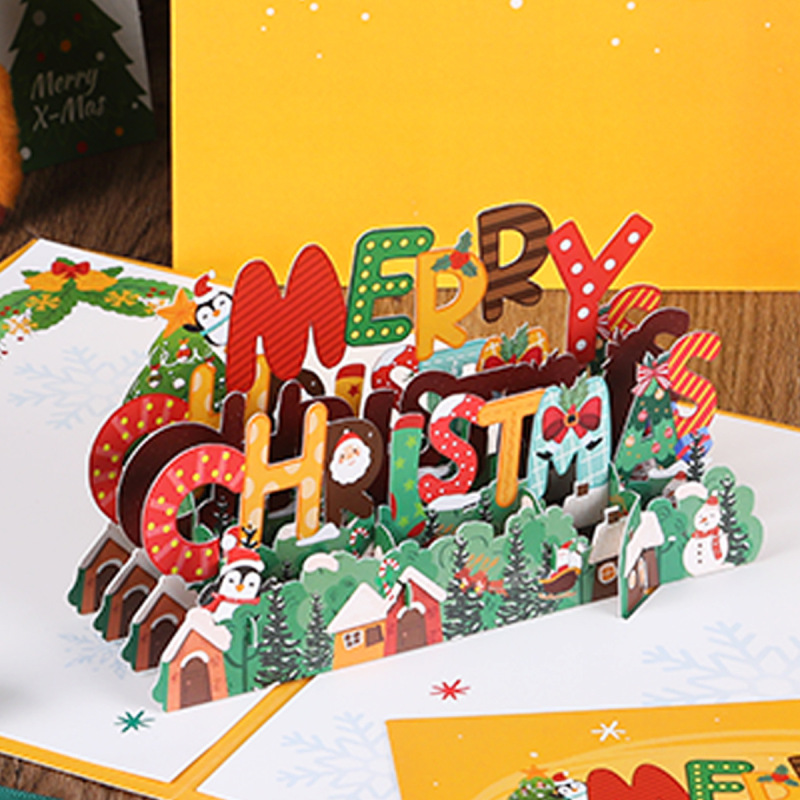 国境を越えた新しいクリスマスの立体グリーティングカードクリスマスツリーのペンギン漫画かわいい紙彫刻手書きメッセージカード|undefined