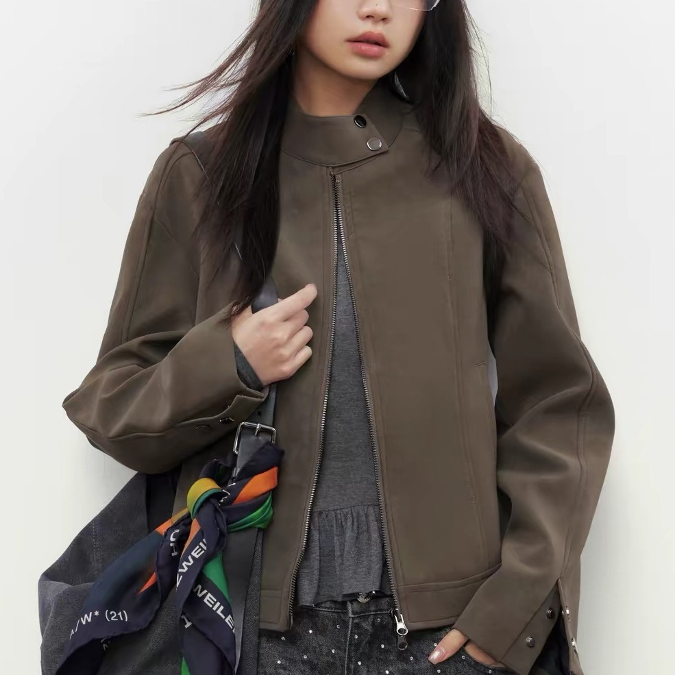 Retro gray-green-brown stand-up collar slim-fit leather jacket for women, autumn slimming and versatile short leather jacket