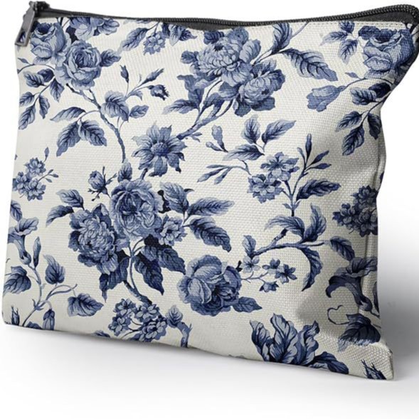 Bolsa de cosméticos transfronteriza de Amazon, bolsa de lavado personalizada, porcelana azul y blanca, flor de rosa, impresión de doble cara, fábrica de viajes al por mayor