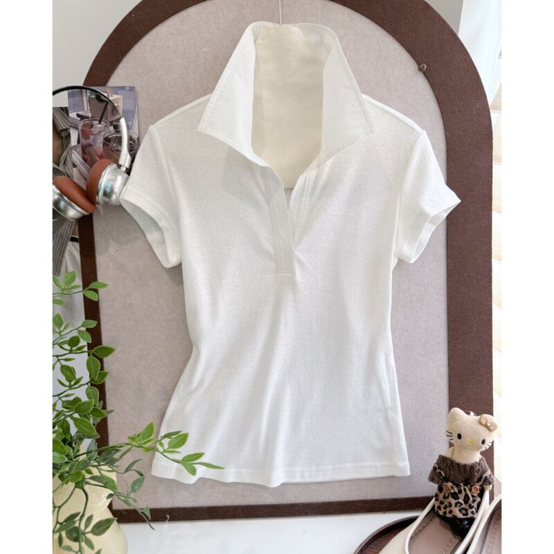 In Stock/Homegirl Ro* White Snowflake Cotton Elegant Half-Open Polo Collar Top for Women, Thin Short Sleeves In Stock/Homegirl Ro* White Snowflake Cotton Elegant Half-Open Polo Collar Top for Women, Thin Short Sleeves