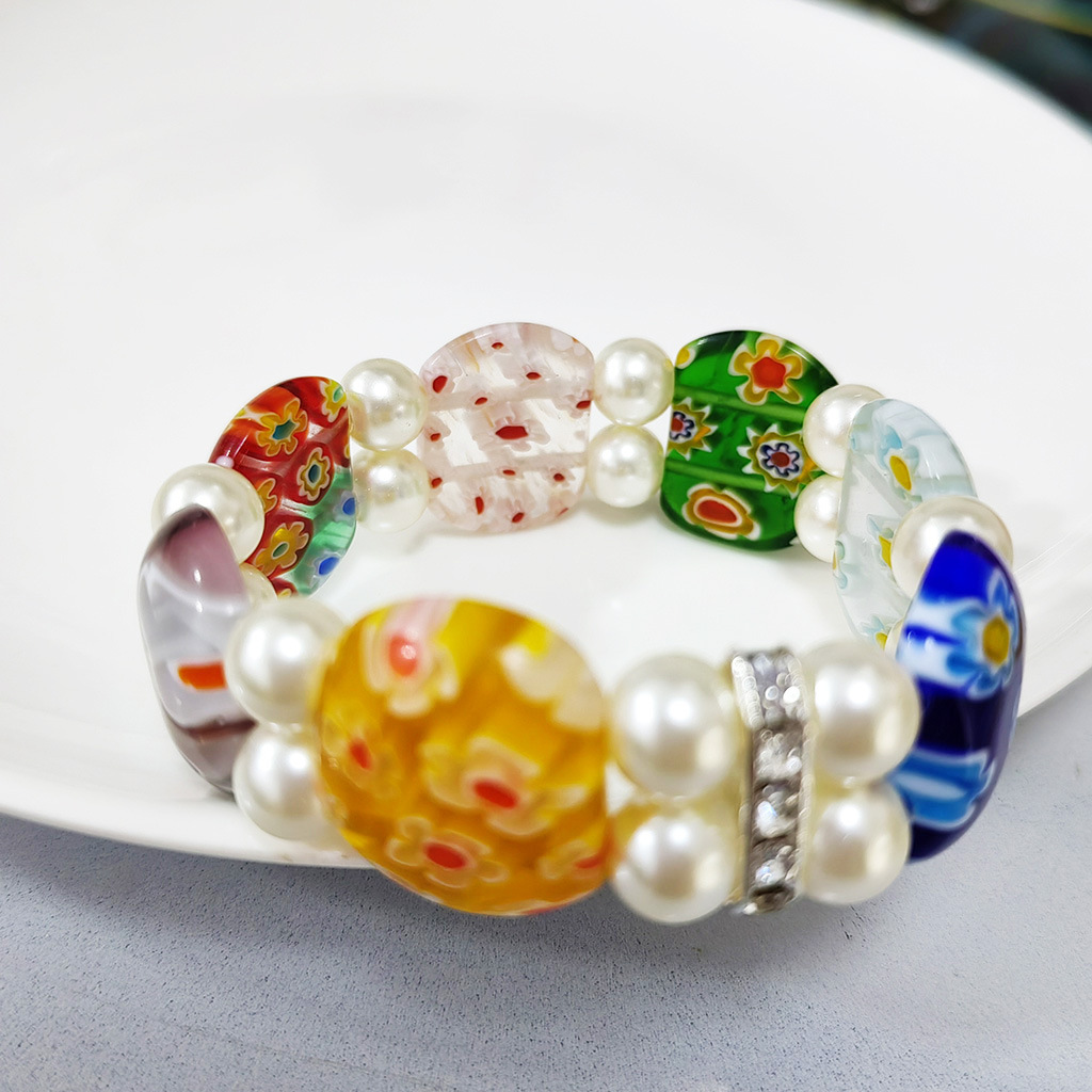 50g Weight Stretch Adjustable Clasp Closure Type Bracelets Classification glass Chain Material 1 Piece Quantity Daily Occasion glass Material Round, Flower Pattern All Seasons Season Women's Gender Handmade Design Pastoral Style Pastoral Round Flower Glass Stretch Adjustable Beaded Bracelets Wholesale 23