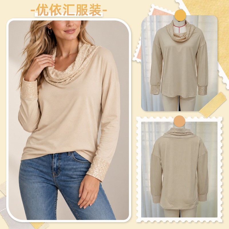 Tiktok Amazon European and American foreign trade autumn and winter sequin swing collar T-shirt women's loose casual long-sleeve knit top Tiktok Amazon European and American foreign trade autumn and winter sequin swing collar T-shirt women's loose casual long-sleeve knit top