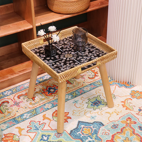 Nordic-style handmade wicker shell bay window coffee table square sofa small side table Japanese tatami small round table outdoor dining table