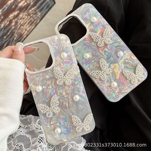 Colorful Shells Suitable for Apple 15/16Promax Rhinestone Pearl Butterfly Huawei Mate60/70 Mobile Phone Case Trendy