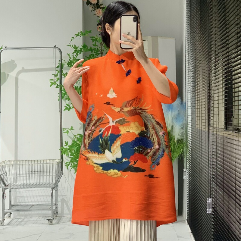 Vintage Printed Miyake Pleated Stunning Orange Dress Summer Age-reducing Loose A- line Collar Cheongsam Fashionable Dress