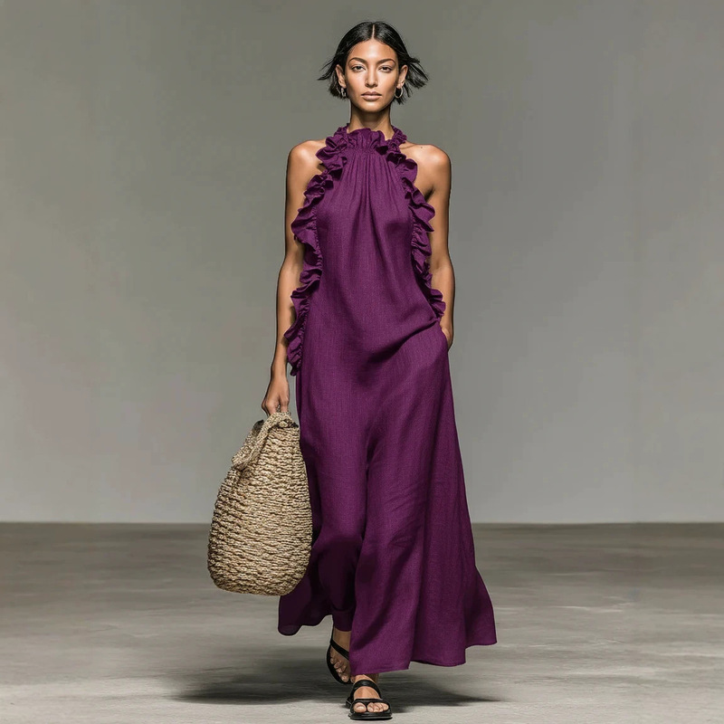 2026 European and American Resort Style Ruffled Halter Neck Sleeveless Dress for Women, Summer Loose Slimming Long Dress, Cross-Border Women's Fashion 2026 European and American Resort Style Ruffled Halter Neck Sleeveless Dress for Women, Summer Loose Slimming Long Dress, Cross-Border Women's Fashion