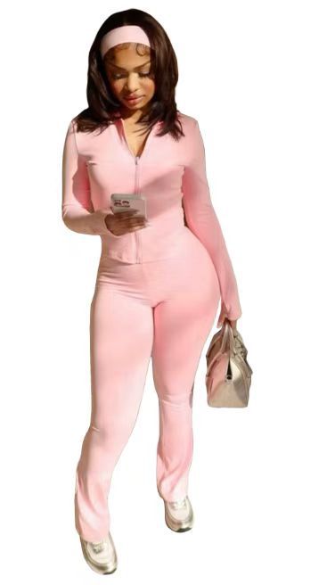 欧美女装2025秋冬季立领拉链套指袖上衣休闲长裤时尚发带三件套|undefined