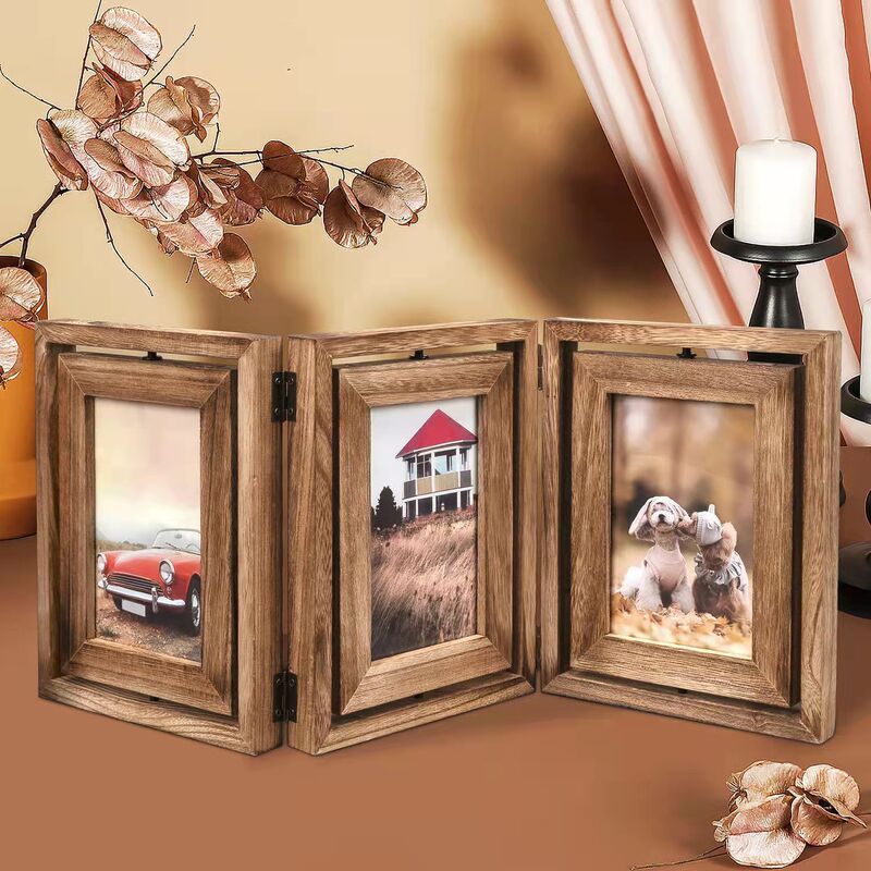 Folding one-piece three-fold rotating double-sided table solid wood American retro old creative personality photo frame 6 inch