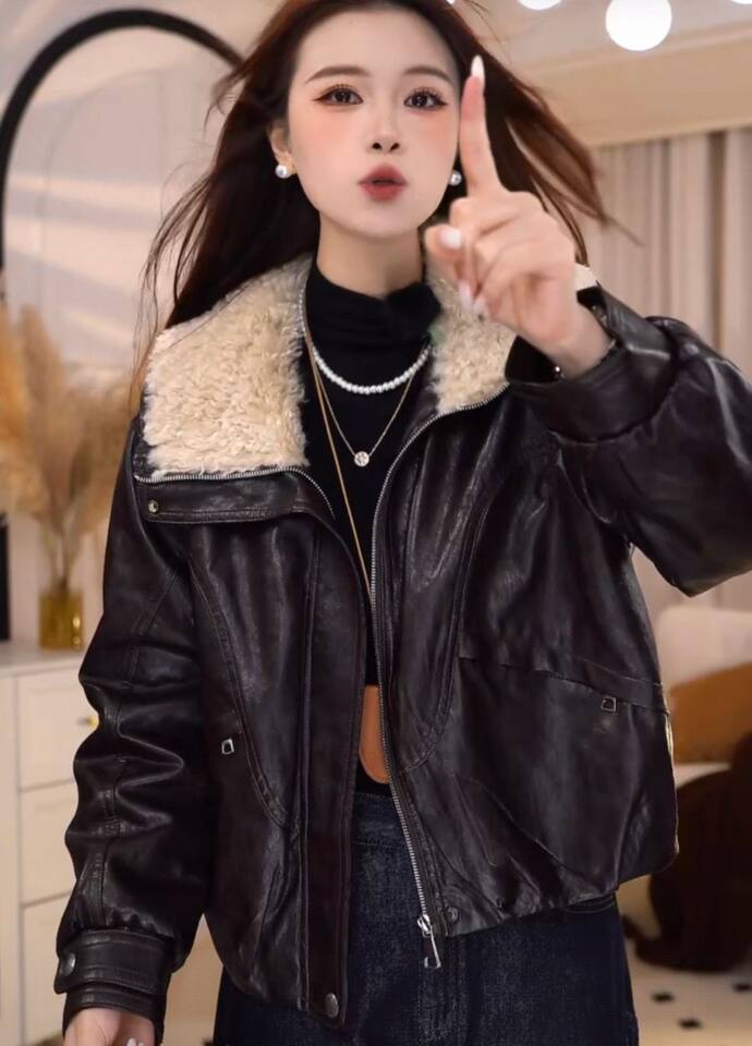 Áo khoác da PU dáng ngắn cổ áo lông, lót nỉ giữ ấm — màu cà phê, đen chi tiết 7
