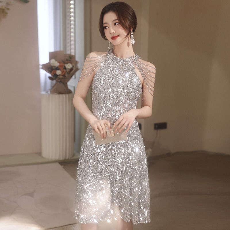 Sequin Small Evening Dress Women's Light Luxury Niche High-end Party High-end Sense Normal Wear Adult Dress Bridesmaid Dress