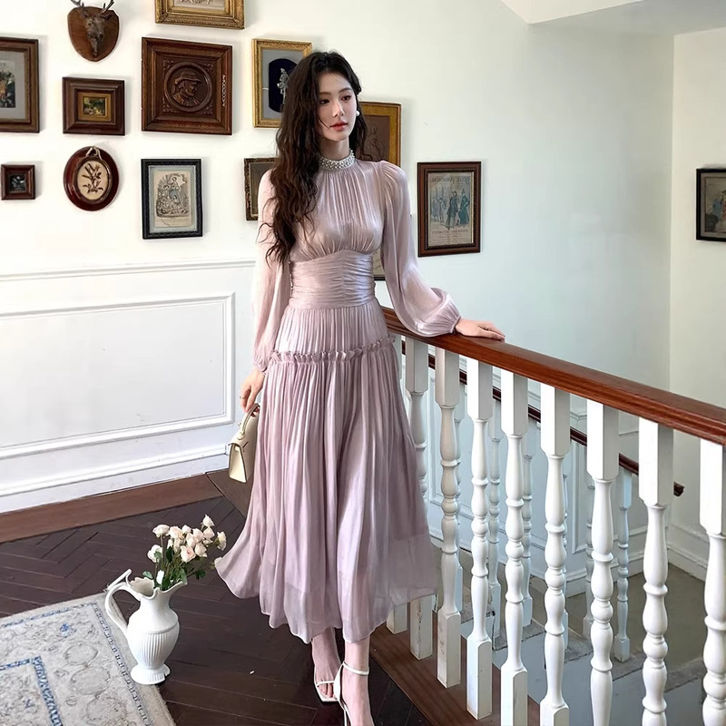 Thirteen Line Quality New Style Elegant Vertical Collar Heart-to-Heart Pleated Waist Long Puff Sleeve dress