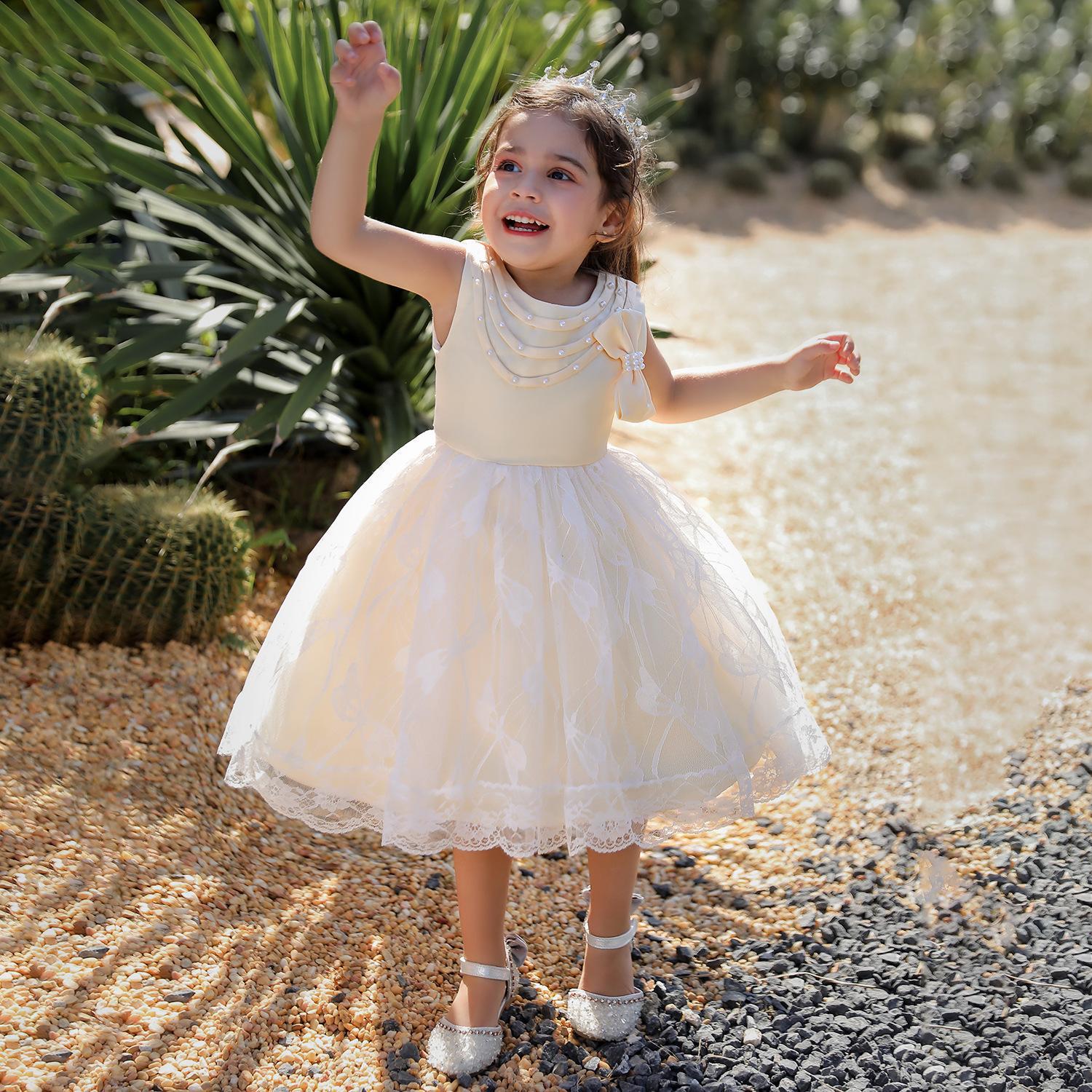 Nuevas niñas vestido europeo y americano encaje arco niñas falda niños vestido princesa vestido de una sola pieza entrega