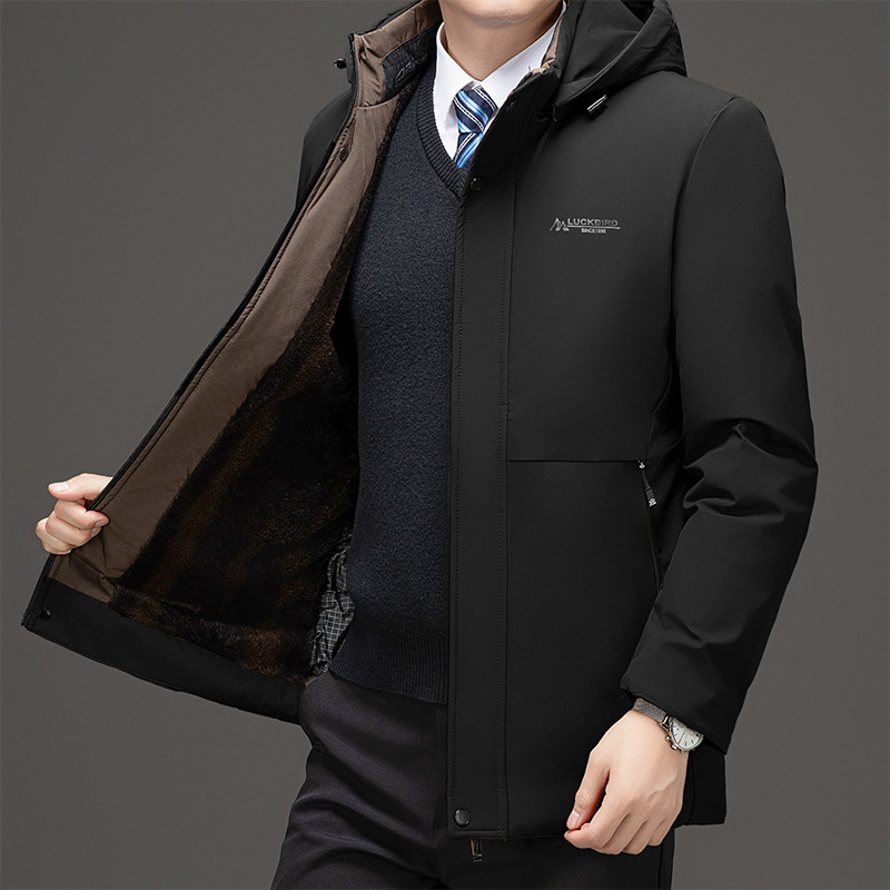 Veste d'hiver décontractée à capuche pour hommes, mi-longue à longue, épaisse et chaude, en coton velours pour papa d'âge moyen et âgé pour hommes_voghion.com
