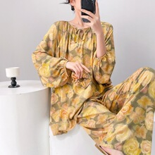 春秋天棉绸睡衣女夏季薄款印花长裤宽松大码胖MM可穿200斤家居服