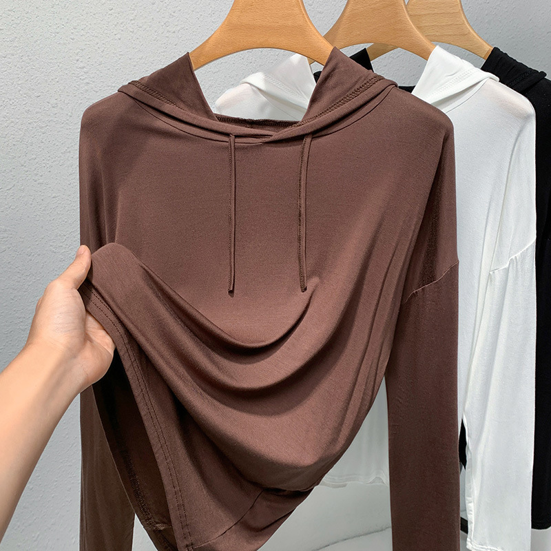 Suéter con capucha negro para mujer Primavera y otoño 2023 nueva ropa de mujer simple moda color sólido manga larga cordón camiseta image 8