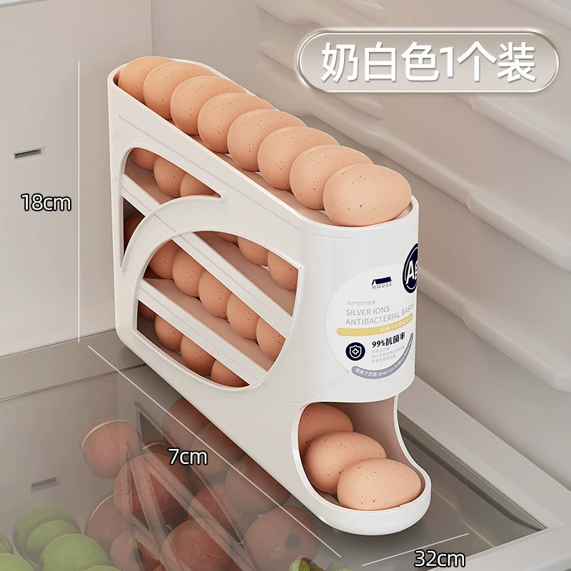 Sliding egg storage dispenser, 4‑tier refrigerator organizer, PP or PET automatic release