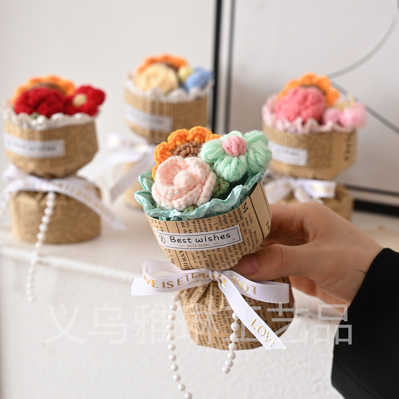 Artificial Flowers, Finished Products, Roses, Sunflowers, Puffs, Handmade Flowers, Knitted Yarn Bouquets, Wholesale Cross-Border Souvenirs