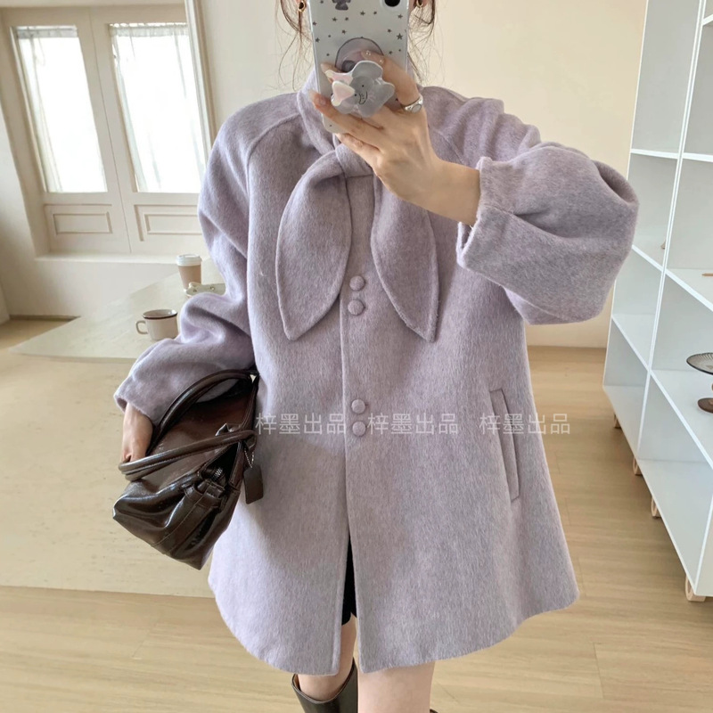 Star Dew Sweet Rabbit Ear Wide-Cut Korean Style Youthful College Style Double-Sided Wool Coat for Women 2026 New Star Dew Sweet Rabbit Ear Wide-Cut Korean Style Youthful College Style Double-Sided Wool Coat for Women 2026 New