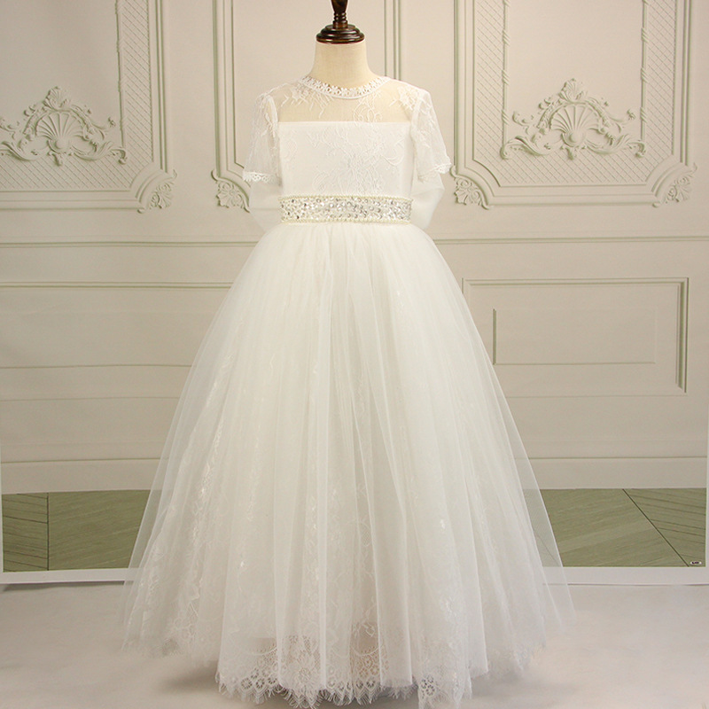 Europa y América del comercio exterior transfronterizo vestido de boda de los niños de encaje de manga corta sin respaldo de la niña princesa vestido largo